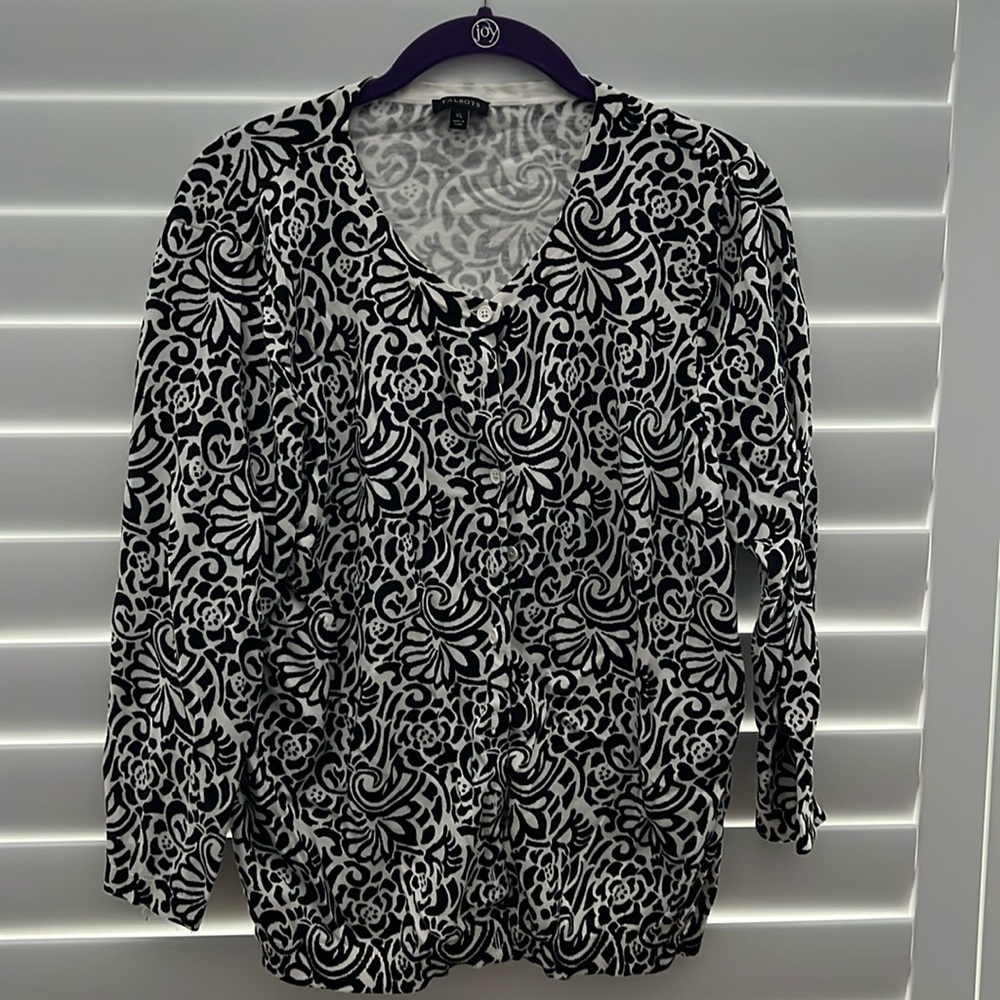 Talbots Sz. XL black and white floral cardigan. 3/4 sleeves.